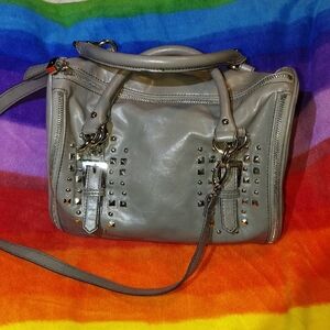 Nine West studded gray Leather satchel handbag.